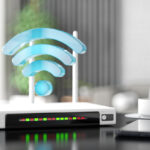 internet router with wifi sign and smart phone in a modern living room
