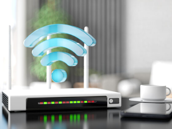 internet router with wifi sign and smart phone in a modern living room